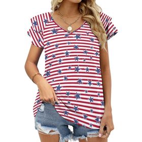 AILLOSA FLAG-60 V Yakalı Fırfırlı Baskılı Kısa Kollu Kadın T-shirt