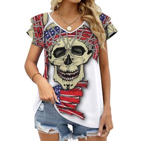 AILLOSA FLAG-62 V Yakalı Fırfırlı Baskılı Kısa Kollu Kadın T-shirt