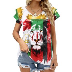 AILLOSA FLAG-64 V Yakalı Fırfırlı Baskılı Kısa Kollu Kadın T-shirt