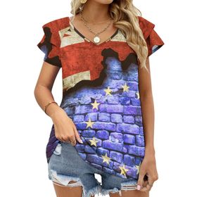 AILLOSA FLAG-68 V Yakalı Fırfırlı Baskılı Kısa Kollu Kadın T-shirt