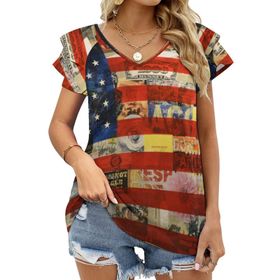 AILLOSA FLAG-69 V Yakalı Fırfırlı Baskılı Kısa Kollu Kadın T-shirt