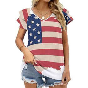 AILLOSA FLAG-70 V Yakalı Fırfırlı Baskılı Kısa Kollu Kadın T-shirt