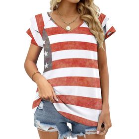 AILLOSA FLAG-75 V Yakalı Fırfırlı Baskılı Kısa Kollu Kadın T-shirt