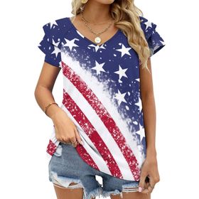 AILLOSA FLAG-78 V Yakalı Fırfırlı Baskılı Kısa Kollu Kadın T-shirt