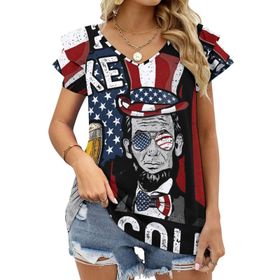 AILLOSA FLAG-87 V Yakalı Fırfırlı Baskılı Kadın T-shirt