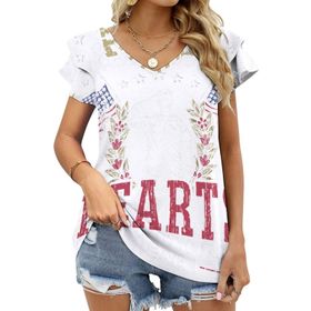 AILLOSA FLAG-89 V Yakalı Fırfırlı Baskılı Kadın T-shirt