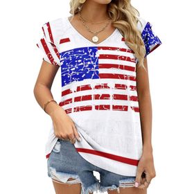 AILLOSA FLAG-90 V Yakalı Fırfırlı Baskılı Kadın T-shirt
