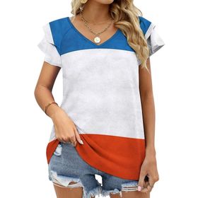 AILLOSA FLAG-93 V Yakalı Fırfırlı Baskılı Kadın T-shirt
