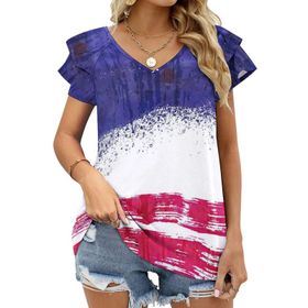 AILLOSA FLAG-96 V Yakalı Fırfırlı Baskılı Kadın T-shirt