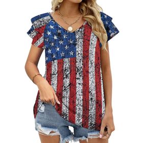 AILLOSA FLAG-97 V Yakalı Fırfırlı Baskılı Kadın T-shirt