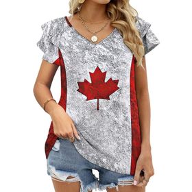 AILLOSA FLAG-98 V Yakalı Fırfırlı Baskılı Kadın T-shirt