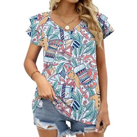 AILLOSA GFY01 Tamamı Baskılı Fırfırlı Kısa Kollu V Yakalı Kadın T-shirt