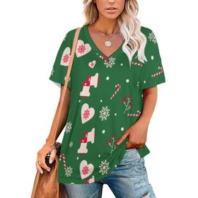 AILLOSA GFY03 Tamamı Baskılı V Yaka Kısa Kollu Kadın T-shirt