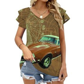 AILLOSA GFY04 Tamamı Baskılı Fırfırlı Kısa Kollu V Yakalı Kadın T-shirt