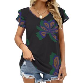 AILLOSA GFY05 Tamamı Baskılı Fırfırlı Kısa Kollu V Yakalı Kadın T-shirt