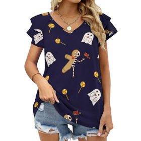 AILLOSA GFY06 Tamamı Baskılı Fırfırlı Kısa Kollu V Yakalı Kadın T-shirt