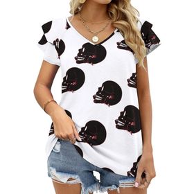 AILLOSA GFY07 Tamamı Baskılı Fırfırlı Kısa Kollu V Yakalı Kadın T-shirt