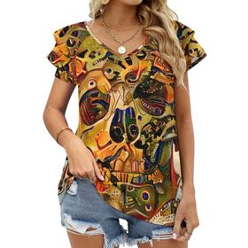 AILLOSA GFY09 Tamamı Baskılı Fırfırlı Kısa Kollu V Yakalı Kadın T-shirt