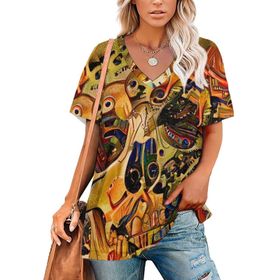 AILLOSA GFY09 Tamamı Baskılı V Yaka Kısa Kollu Kadın T-shirt