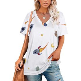 AILLOSA GFY10 Tamamı Baskılı V Yaka Kısa Kollu Kadın T-shirt