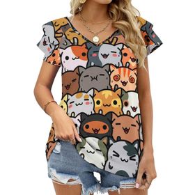 AILLOSA GFY14 Tamamı Baskılı Fırfırlı Kısa Kollu V Yakalı Kadın T-shirt