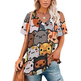 AILLOSA GFY14 Tamamı Baskılı V Yaka Kısa Kollu Kadın T-shirt