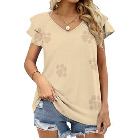AILLOSA GFY15 Tamamı Baskılı Fırfırlı Kısa Kollu V Yakalı Kadın T-shirt