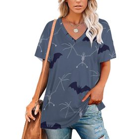 AILLOSA GFY16 Tamamı Baskılı Fırfırlı Kısa Kollu V Yakalı Kadın T-shirt