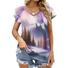 AILLOSA GFY17 Tamamı Baskılı Fırfırlı Kısa Kollu V Yakalı Kadın T-shirt