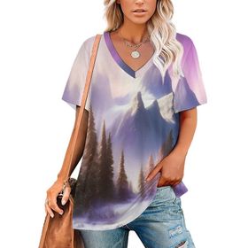 AILLOSA GFY17 Tamamı Baskılı V Yaka Kısa Kollu Kadın T-shirt