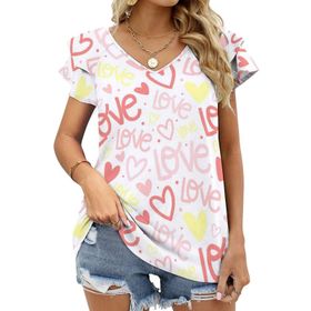 AILLOSA GFY18 Tamamı Baskılı Fırfırlı Kısa Kollu V Yakalı Kadın T-shirt