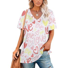 AILLOSA GFY18 Tamamı Baskılı V Yaka Kısa Kollu Kadın T-shirt