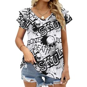 AILLOSA GFY19 Tamamı Baskılı Fırfırlı Kısa Kollu V Yakalı Kadın T-shirt
