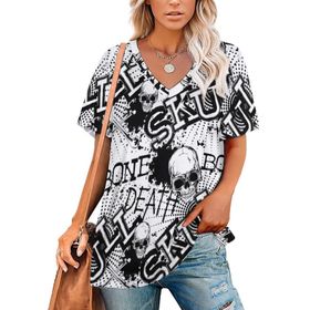 AILLOSA GFY19 Tamamı Baskılı V Yaka Kısa Kollu Kadın T-shirt