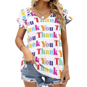 AILLOSA GFY20 Tamamı Baskılı Fırfırlı Kısa Kollu V Yakalı Kadın T-shirt