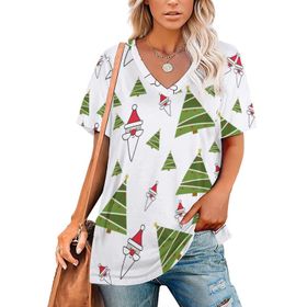 AILLOSA GFY21 Tamamı Baskılı V Yaka Kısa Kollu Kadın T-shirt