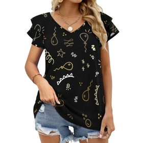 AILLOSA GFY22 Tamamı Baskılı Fırfırlı Kısa Kollu V Yakalı Kadın T-shirt