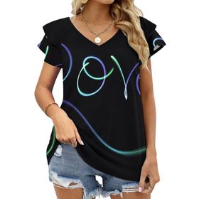 AILLOSA GFY23 Tamamı Baskılı Fırfırlı Kısa Kollu V Yakalı Kadın T-shirt