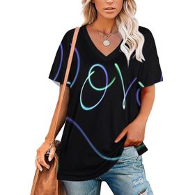 AILLOSA GFY23 Tamamı Baskılı V Yaka Kısa Kollu Kadın T-shirt