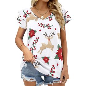 AILLOSA GFY24 Tamamı Baskılı Fırfırlı Kısa Kollu V Yakalı Kadın T-shirt