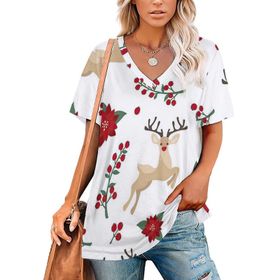 AILLOSA GFY24 Tamamı Baskılı V Yaka Kısa Kollu Kadın T-shirt