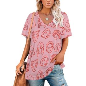 AILLOSA GFY25 Tamamı Baskılı V Yaka Kısa Kollu Kadın T-shirt