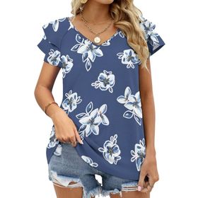 AILLOSA GFY29 Tamamı Baskılı Fırfırlı Kısa Kollu V Yakalı Kadın T-shirt