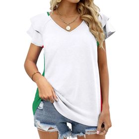 AILLOSA GFY32 Tamamı Baskılı Fırfırlı Kısa Kollu V Yakalı Kadın T-shirt