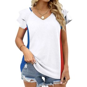 AILLOSA GFY33 Tamamı Baskılı Fırfırlı Kısa Kollu V Yakalı Kadın T-shirt