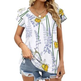 AILLOSA GFY34 Tamamı Baskılı Fırfırlı Kısa Kollu V Yakalı Kadın T-shirt