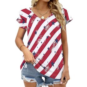 AILLOSA GFY35 Tamamı Baskılı Fırfırlı Kısa Kollu V Yakalı Kadın T-shirt