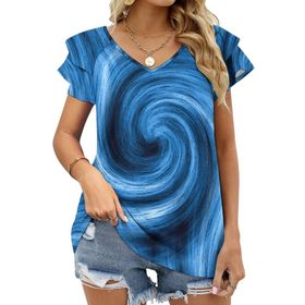 AILLOSA GFY37 Tamamı Baskılı Fırfırlı Kısa Kollu V Yakalı Kadın T-shirt
