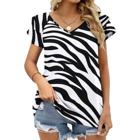 AILLOSA GFY38 Tamamı Baskılı Fırfırlı Kısa Kollu V Yakalı Kadın T-shirt