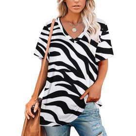 AILLOSA GFY38 Tamamı Baskılı Kısa Kollu V Yakalı Kadın T-shirt